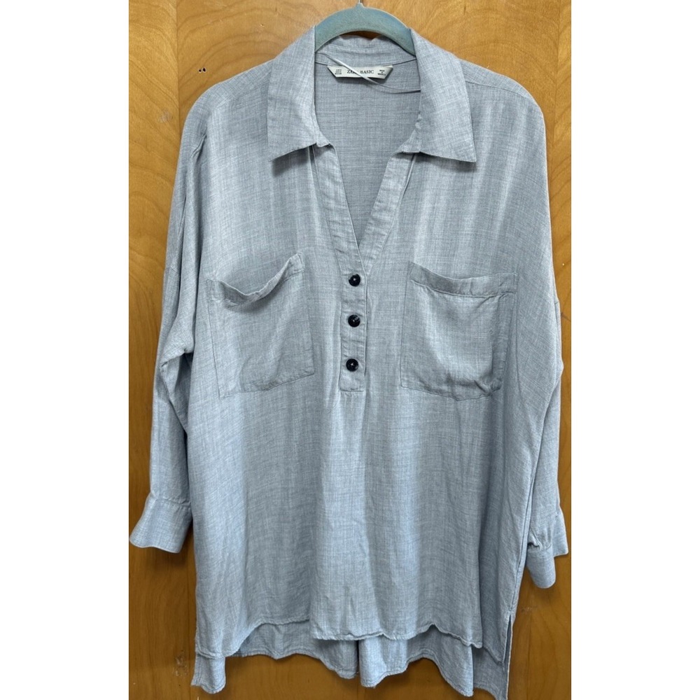 ZARA Basic Womens High Low Hem Long Sleeve Tunic Shirt  V-Neck Black‎ Gray Sz S